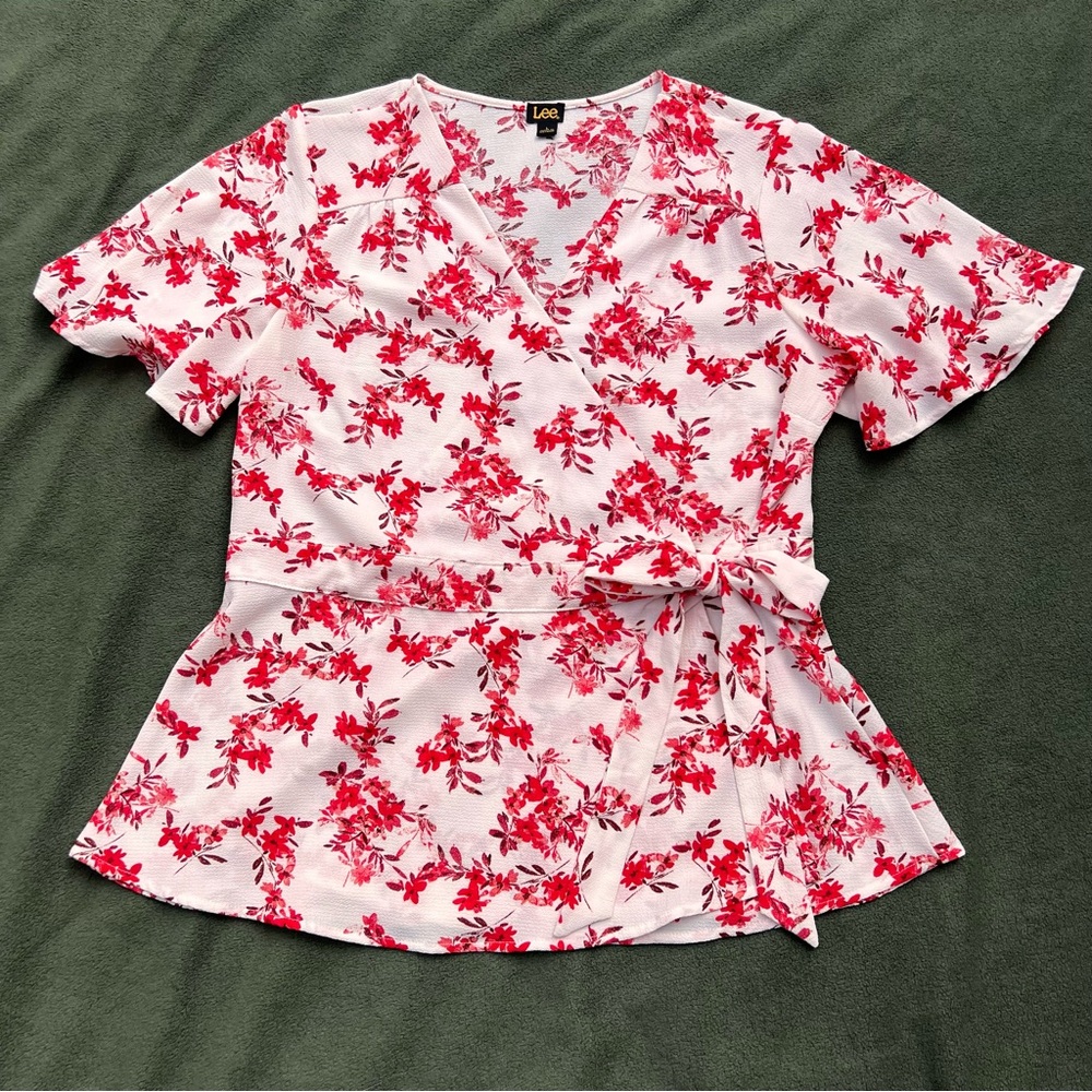 Lee Coral Floral Wrap Blouse